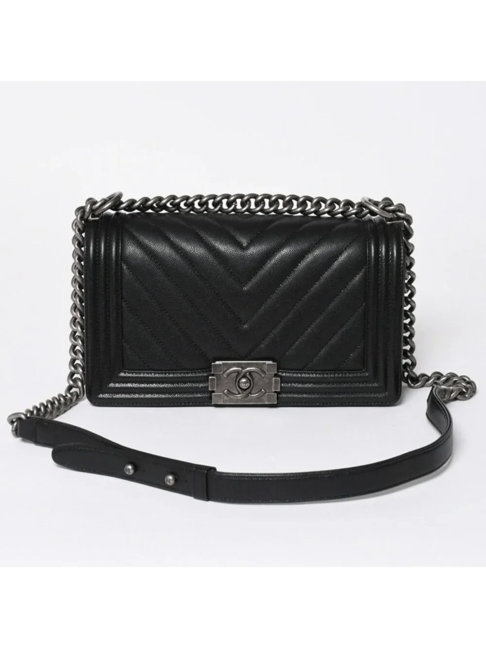 Chanel Boy Chain Shoulder Bag Chevron V-stitch CC Logo Black
